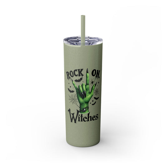 Rock on Witches Skinny Tumbler with Straw, 20oz