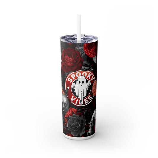 Spooky Vibes Skull Red Skinny Tumbler with Straw, 20oz