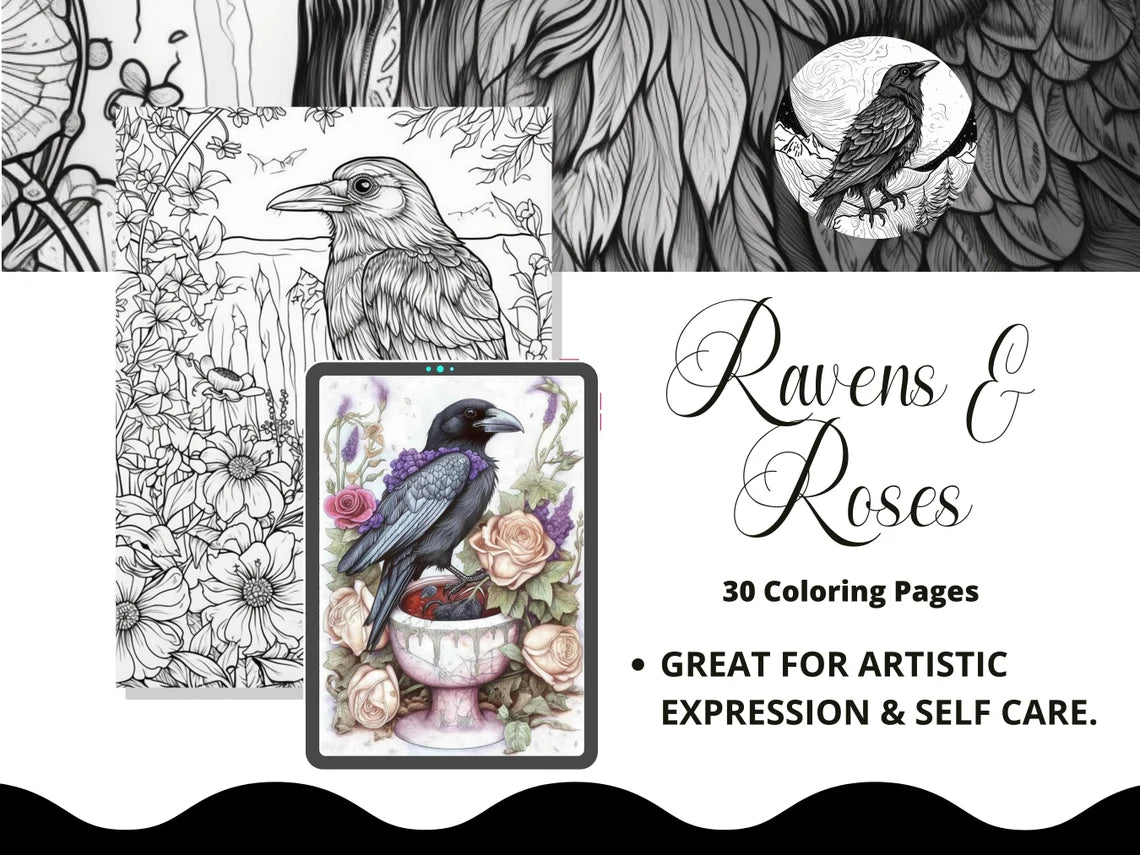 Ravens & Roses Coloring Pages For Adults